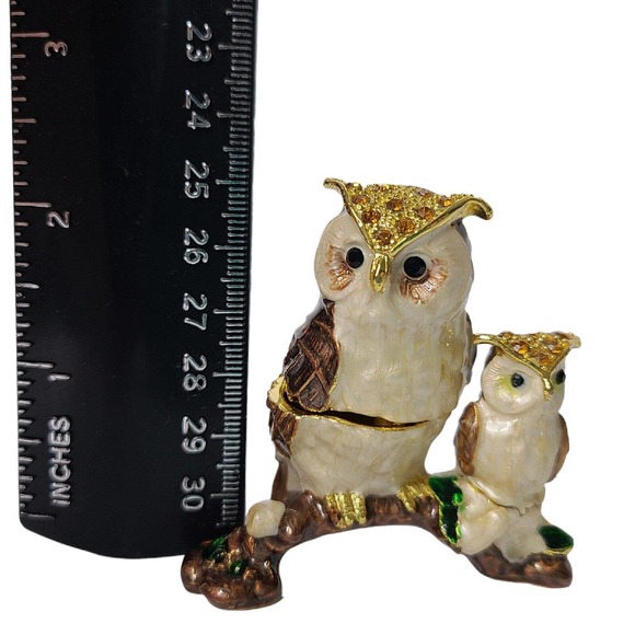 Pier 1 Owl with Baby Figurine Cloisonné Rhinestone Trinket Box Jewelry Holder - Picture 12 of 14